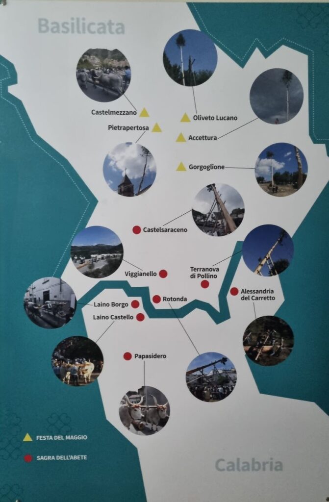 Mapa de Basilicata con localización de pueblos vinculados a la Festa di Maggio y otras tradiciones populares
