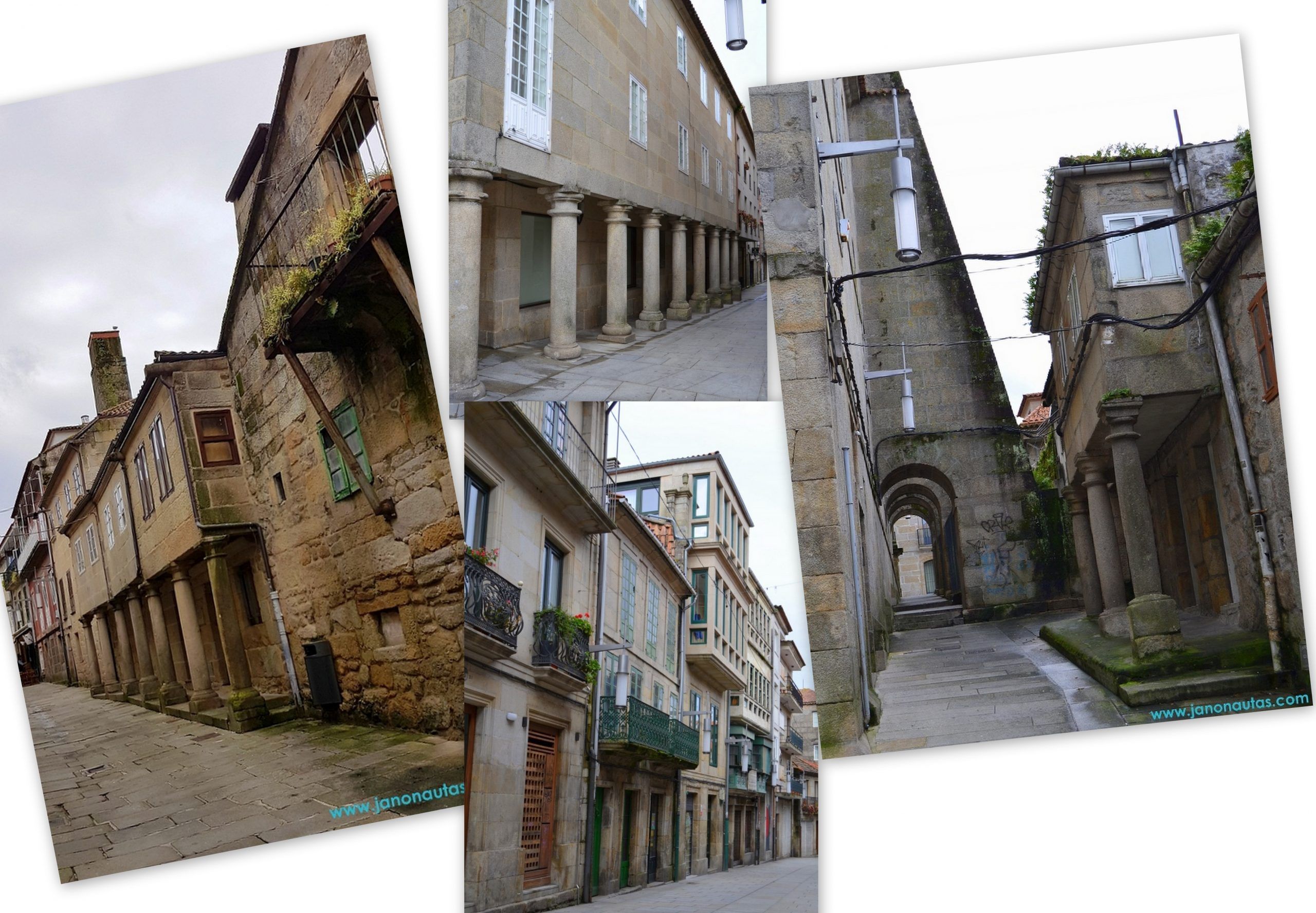 Collage de calles y edificios del casco histórico de Pontevedra, mostrando su arquitectura medieval, calles pintorescas y ambiente único.