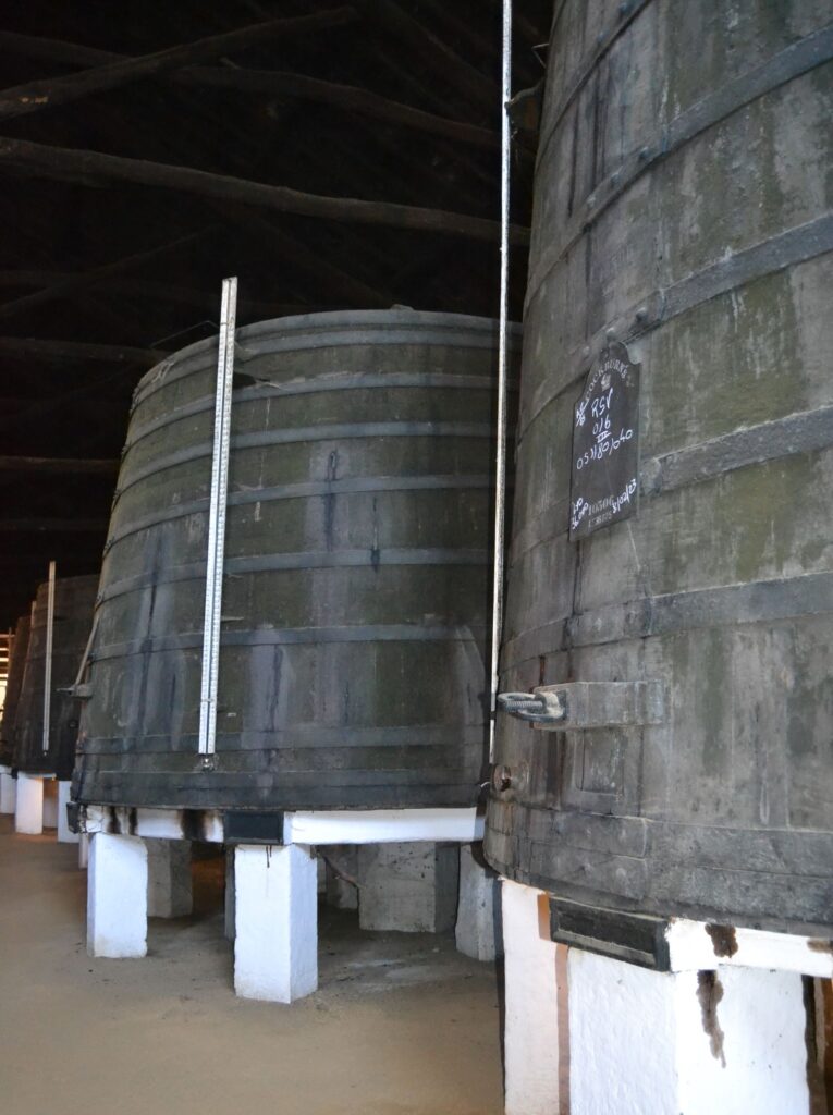 Fila de toneles gigantes de roble en el almacén de envejecimiento de las Bodegas Cockburn's de Oporto