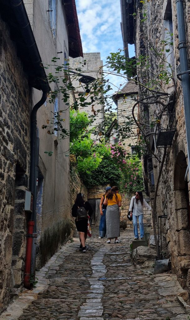 Callejón empedrado con flores y casas de piedra en Sainte-Énimie, Lozère