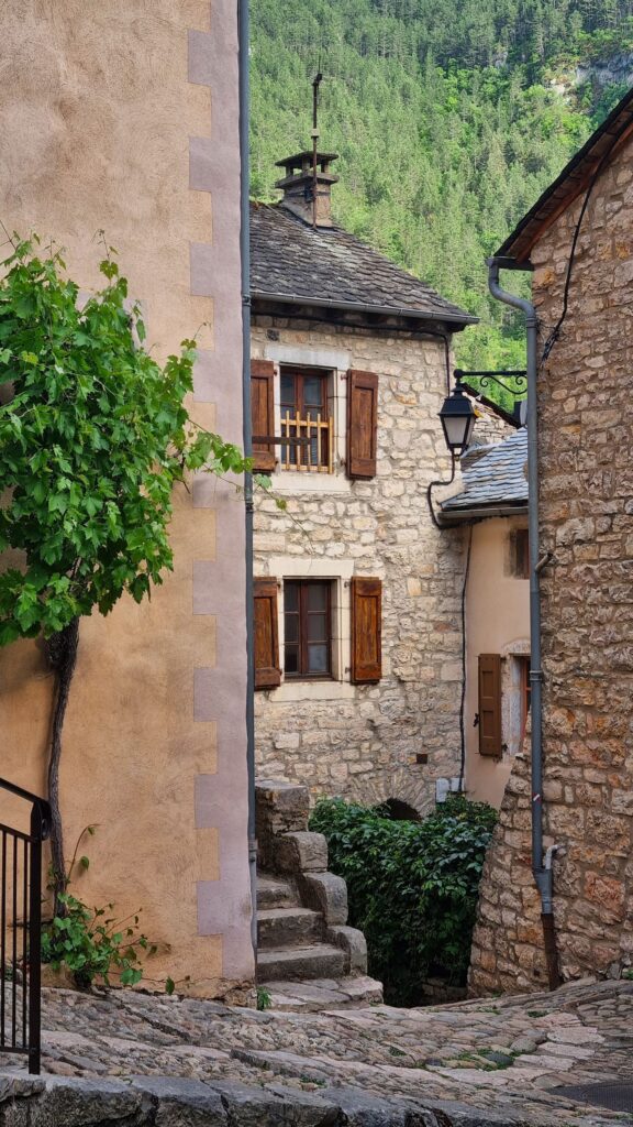 Rincón medieval con parra y escaleras de piedra en Sainte-Énimie, Lozère